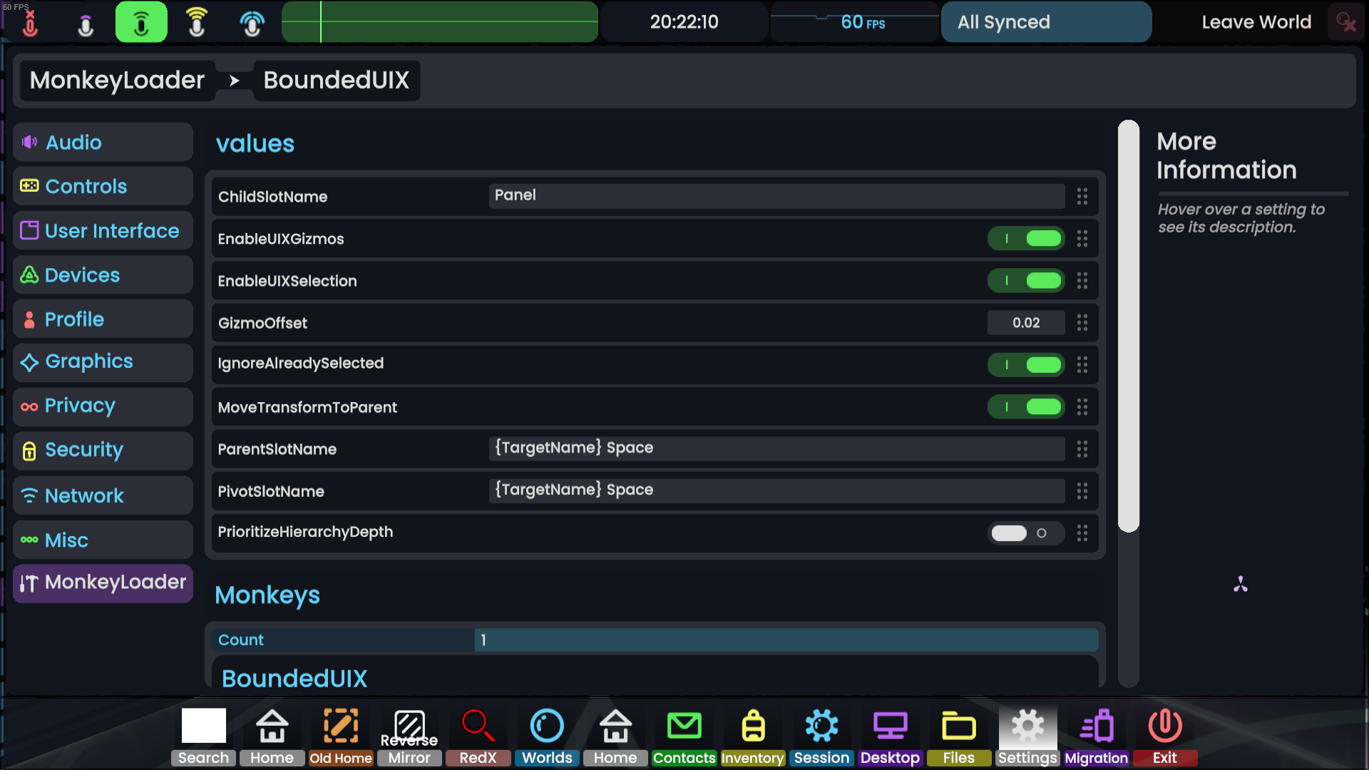 Screenshot of the Resonite Settings with an RML mod opened in the MonkeyLoader category.