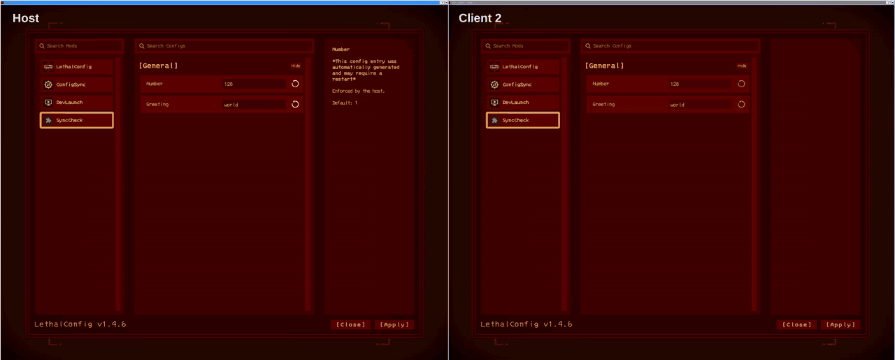 The host sets Number and Greeting in LethalConfig and applies, and the client's values change right away