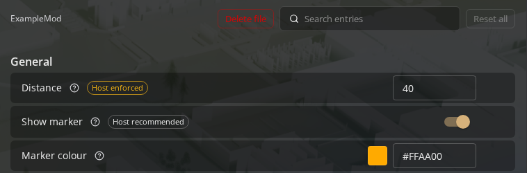 Mortar's Config editor: Distance is Host enforced, Show marker is Host recommended, Marker colour isn't shared