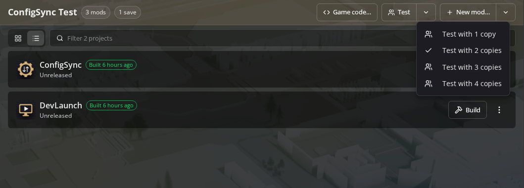 Mortar's Develop tab with the Test menu open: Test with 1, 2, 3 or 4 copies
