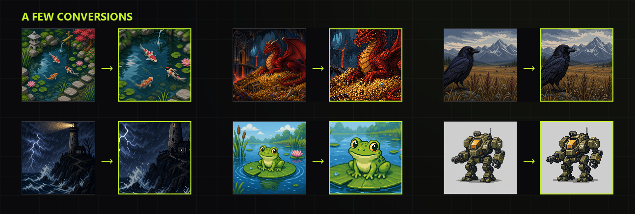 A gallery of conversions: koi pond, dragon, raven, lighthouse, frog, and mech, each shown as fake input and true-pixel output