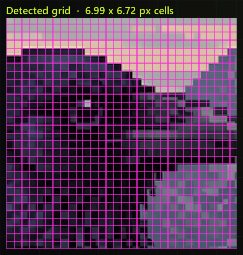 Detected pseudo-pixel grid overlaid on a fake pixel art raven