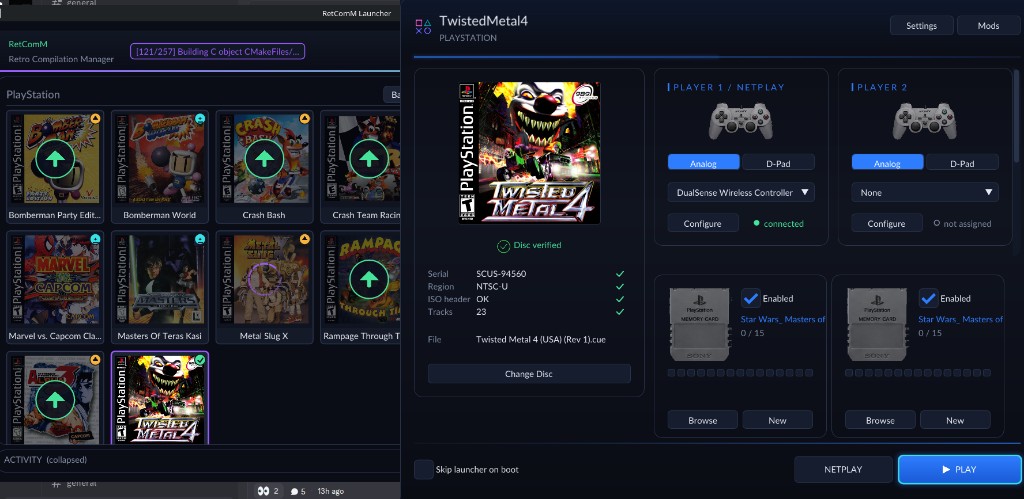 Retro hub with a background build, next to a title’s recomp-ui launcher