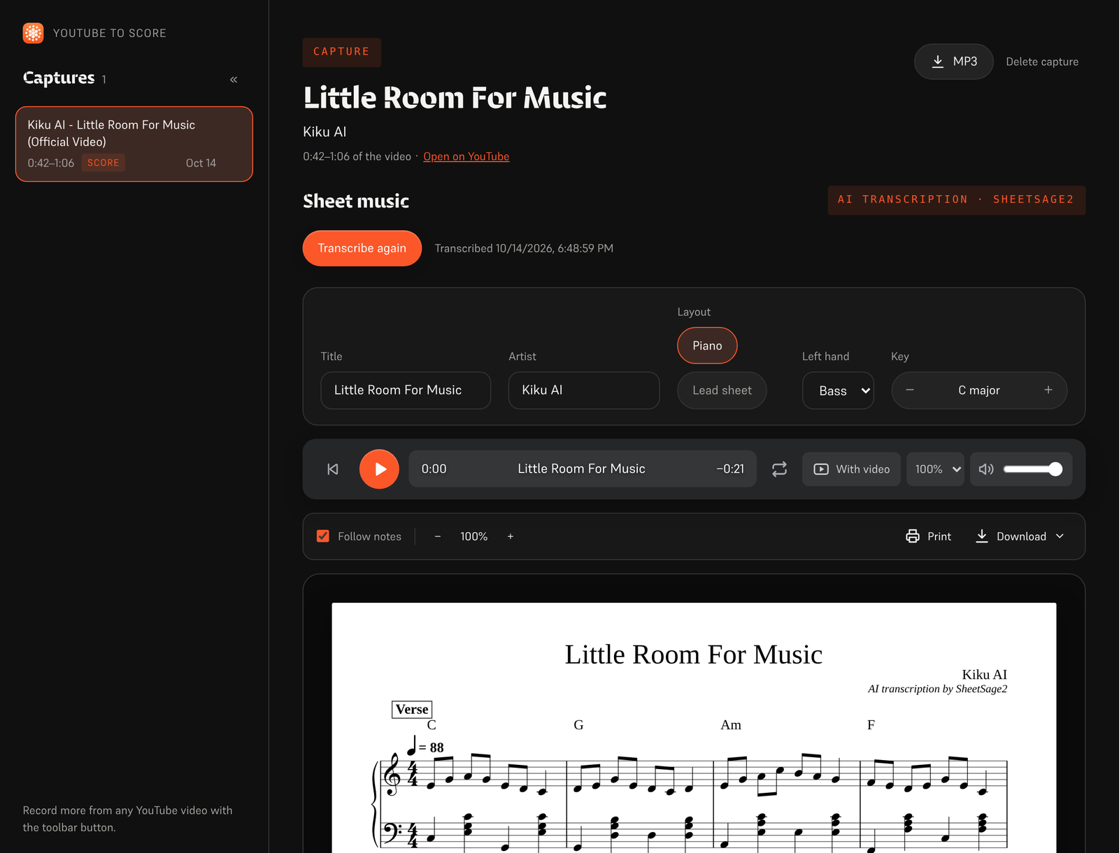 The capture page: an engraved piano score with title, artist, key, layout and play-along controls