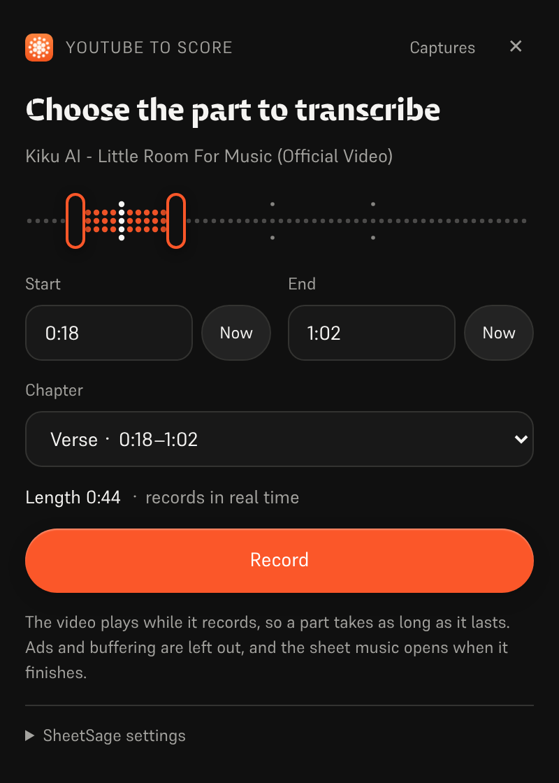 The extension's side panel on a YouTube video: a dotted timeline with the chosen part, start and end times, a chapter picker and the Record button