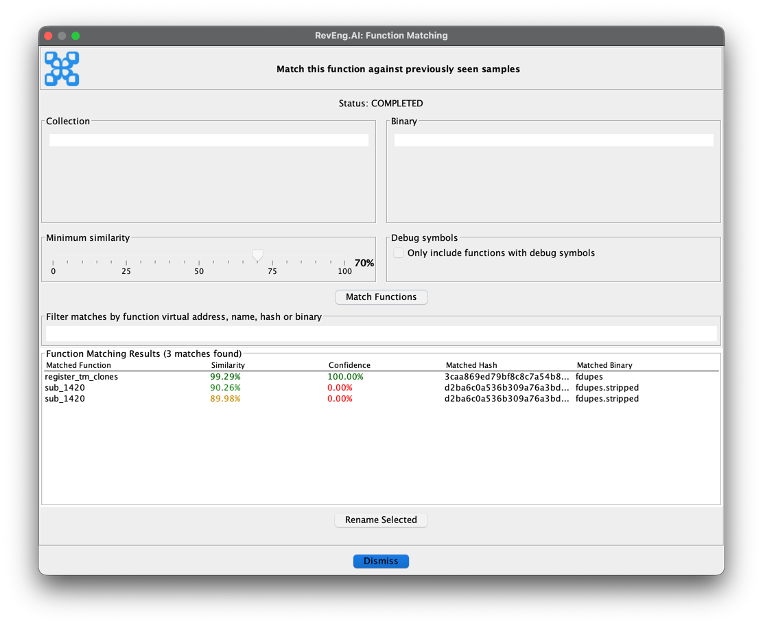 Function Matching Window