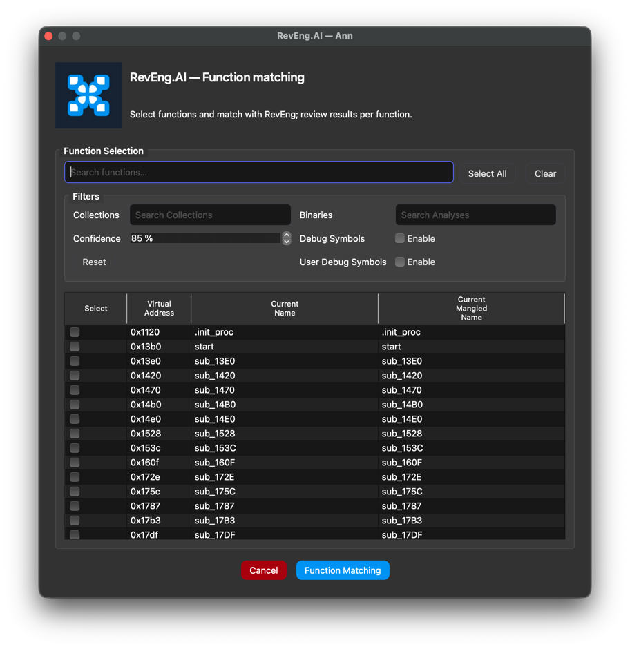 Function Matching Window