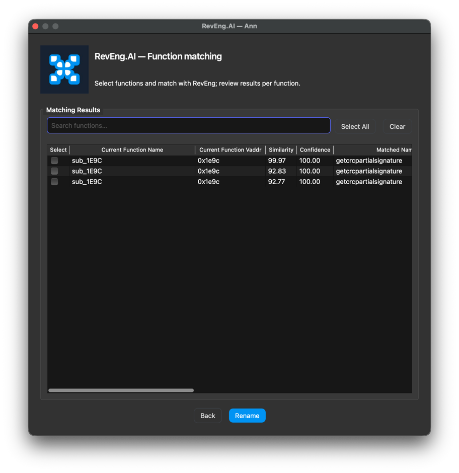 Function Matching Results