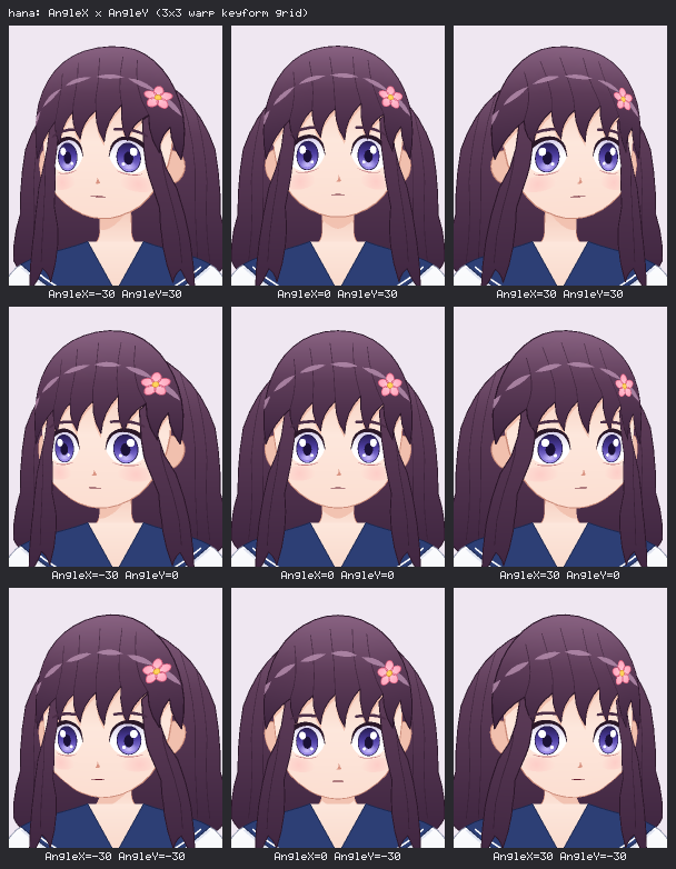 3x3 contact sheet of hana turning her head: AngleX -30, 0, 30 across and AngleY 30, 0, -30 down