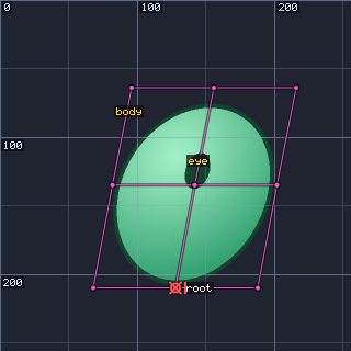 The minimal example bent to one side, with its 2x2 warp lattice, bone, labels and coordinate grid overlaid