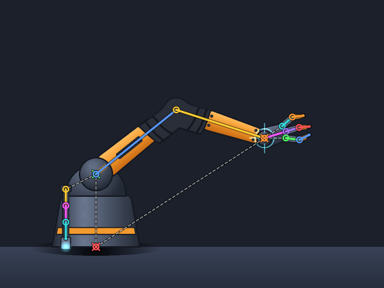 The robot arm reaching with two-bone IK, rendered with the bone overlay