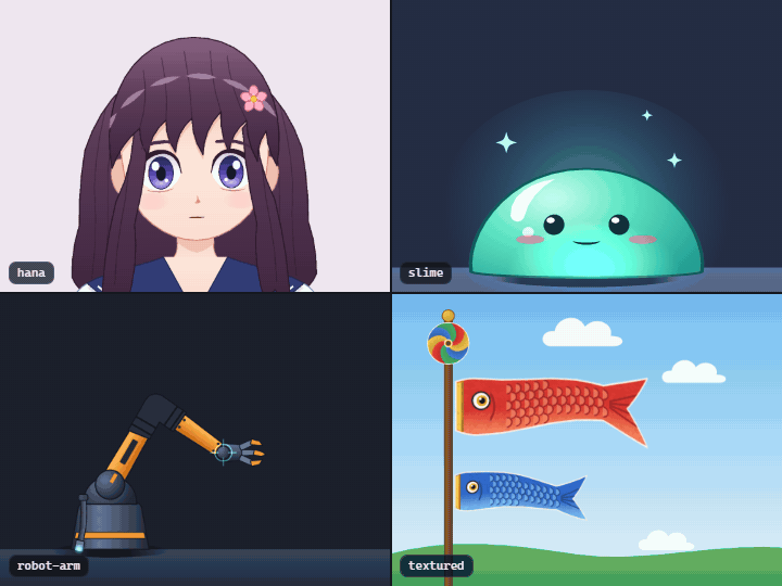Four Rev2D example models animating in a 2x2 grid: hana, an anime bust, idling and blinking; a slime jumping; a robot arm reaching with IK; textured koinobori fluttering on a pole