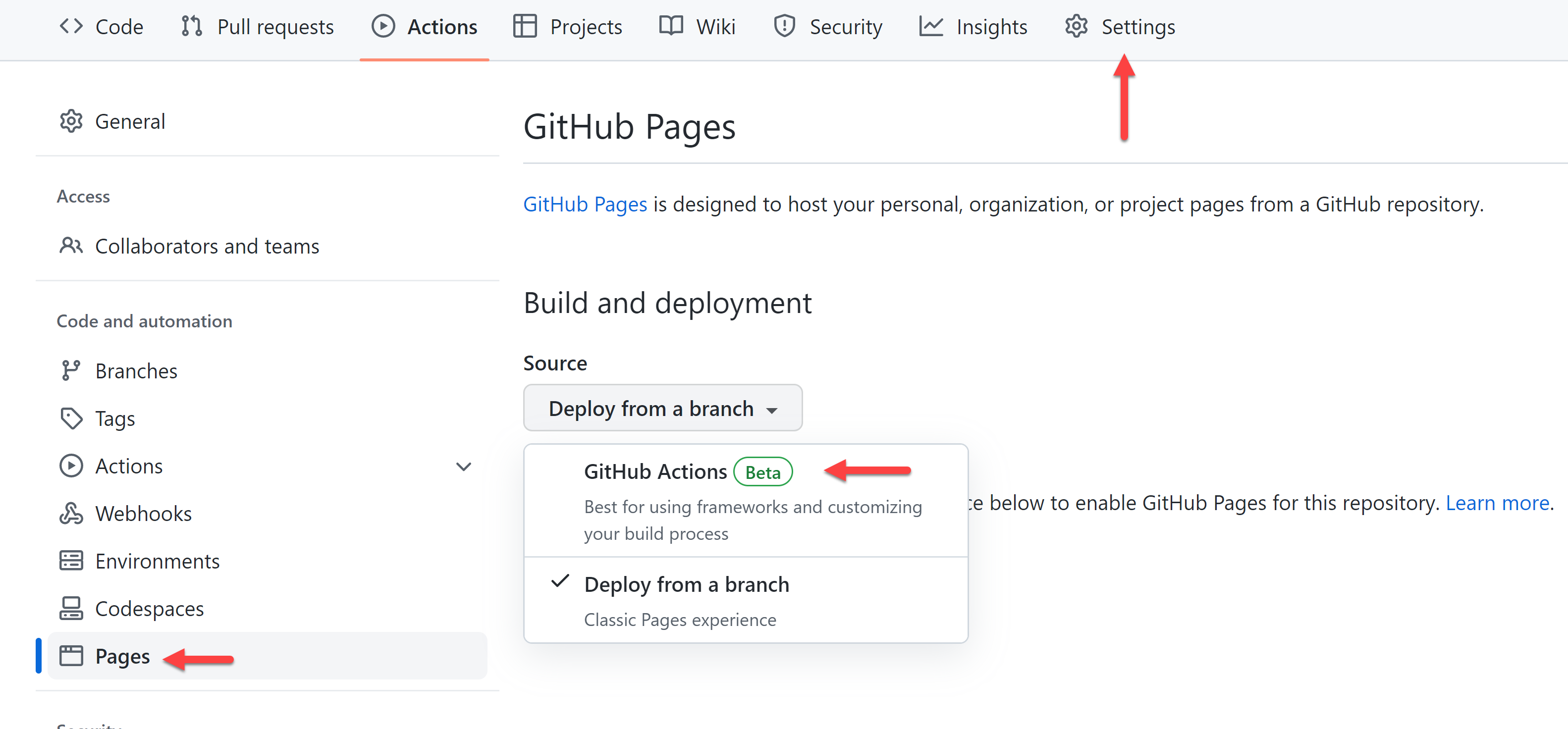 Choose GitHub Actions for deployment to GitHub Pages