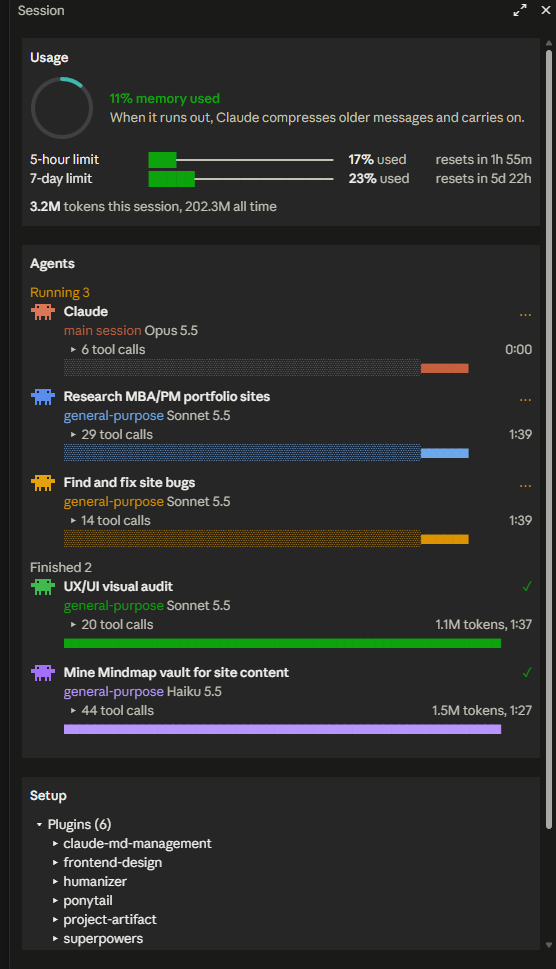 Session pane: a memory ring at 11% used, 5-hour and 7-day limit bars, token totals, running and finished agents, and a Setup section with installed plugins