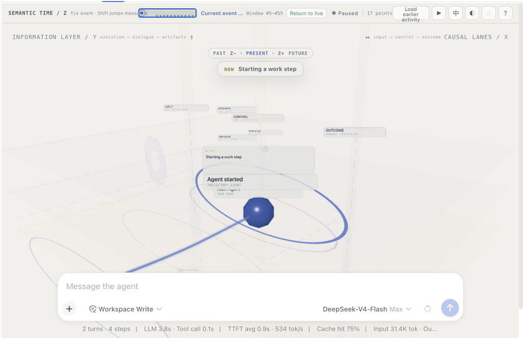 A five-second replay: prompt → tool call → reply