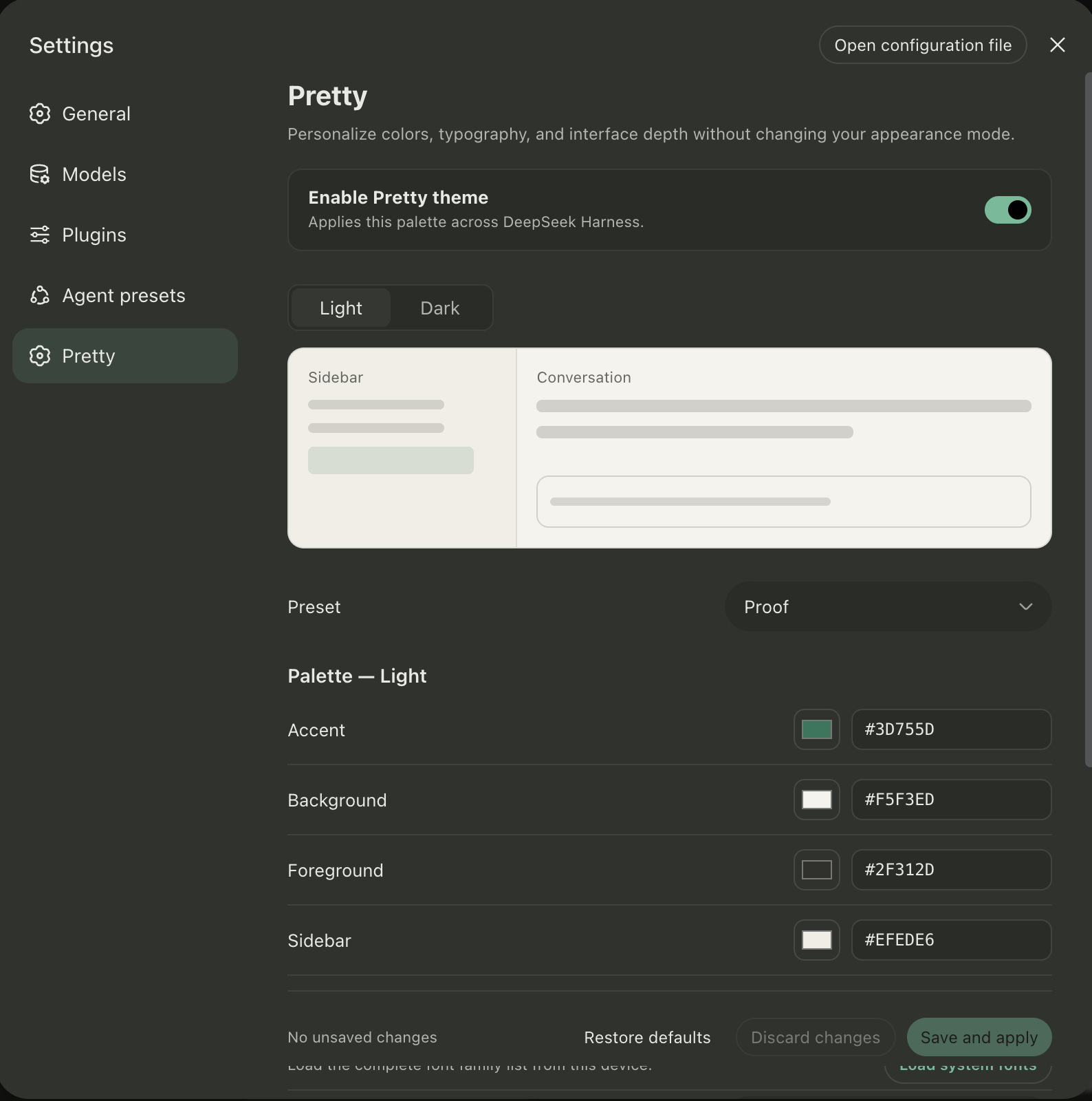 Pretty settings in DeepSeek Harness, showing the theme preview, preset picker, and custom palette controls
