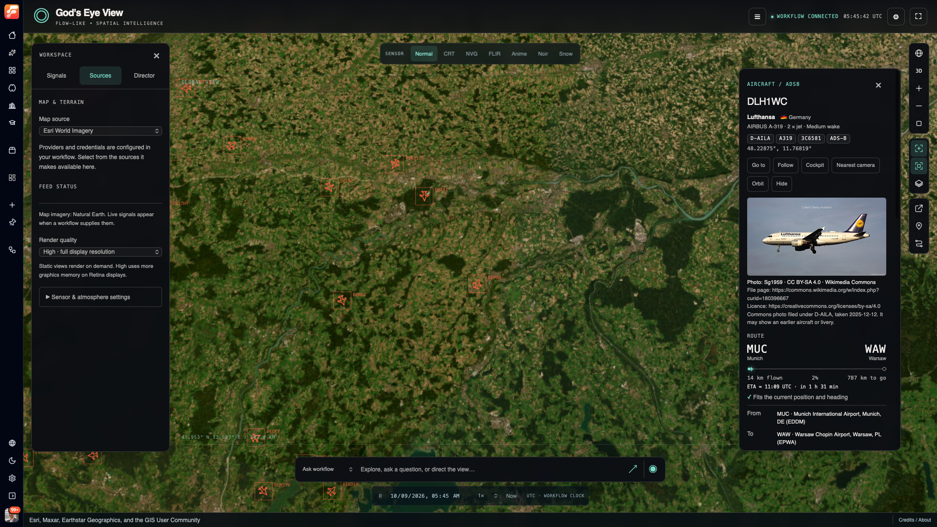 God's Eye View ported to Flow-Like, showing aircraft on a map, source controls, a selected aircraft's details, and a workflow input.