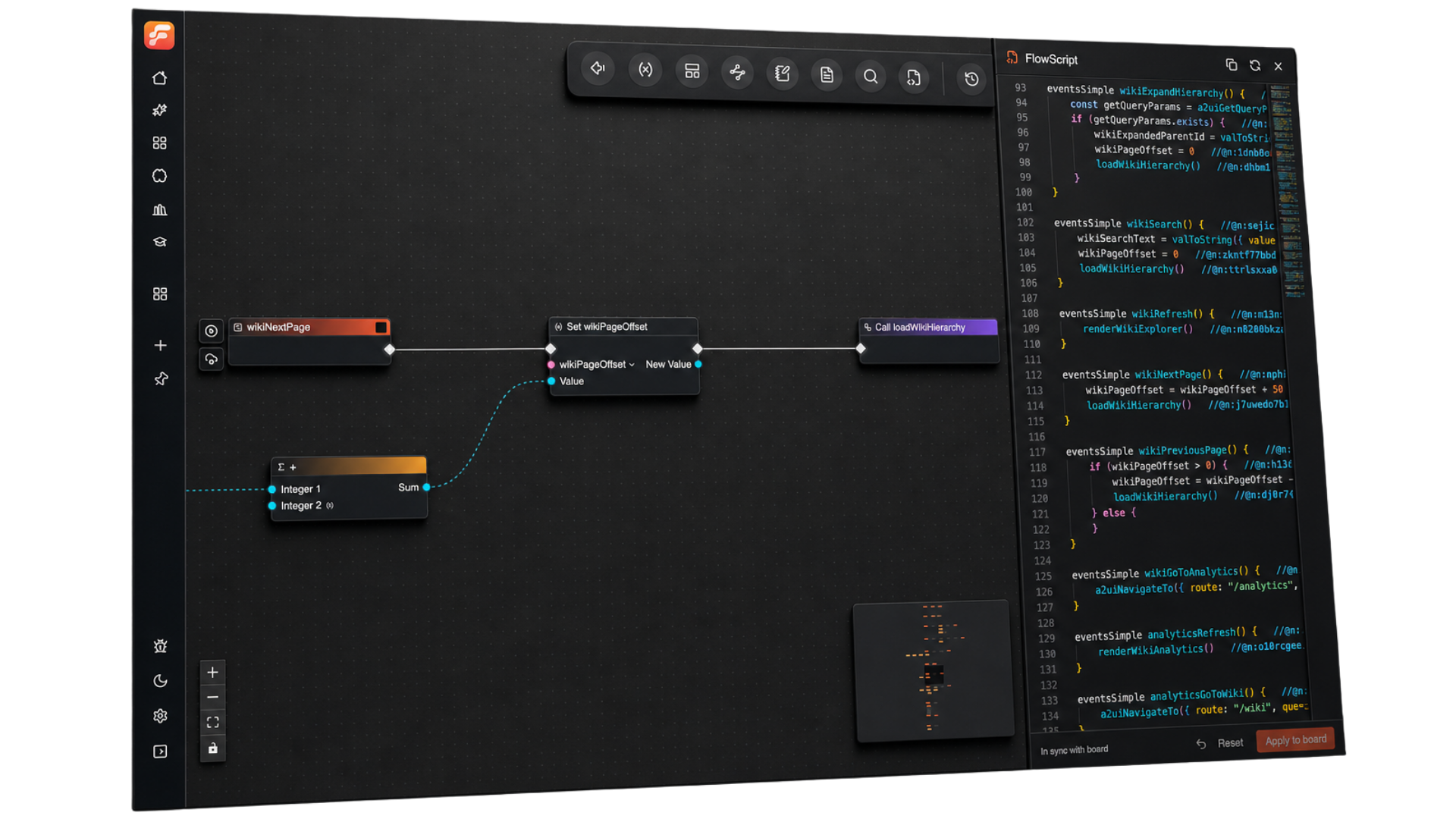 Flow-Like's workflow canvas showing connected typed nodes beside the FlowScript text editor.