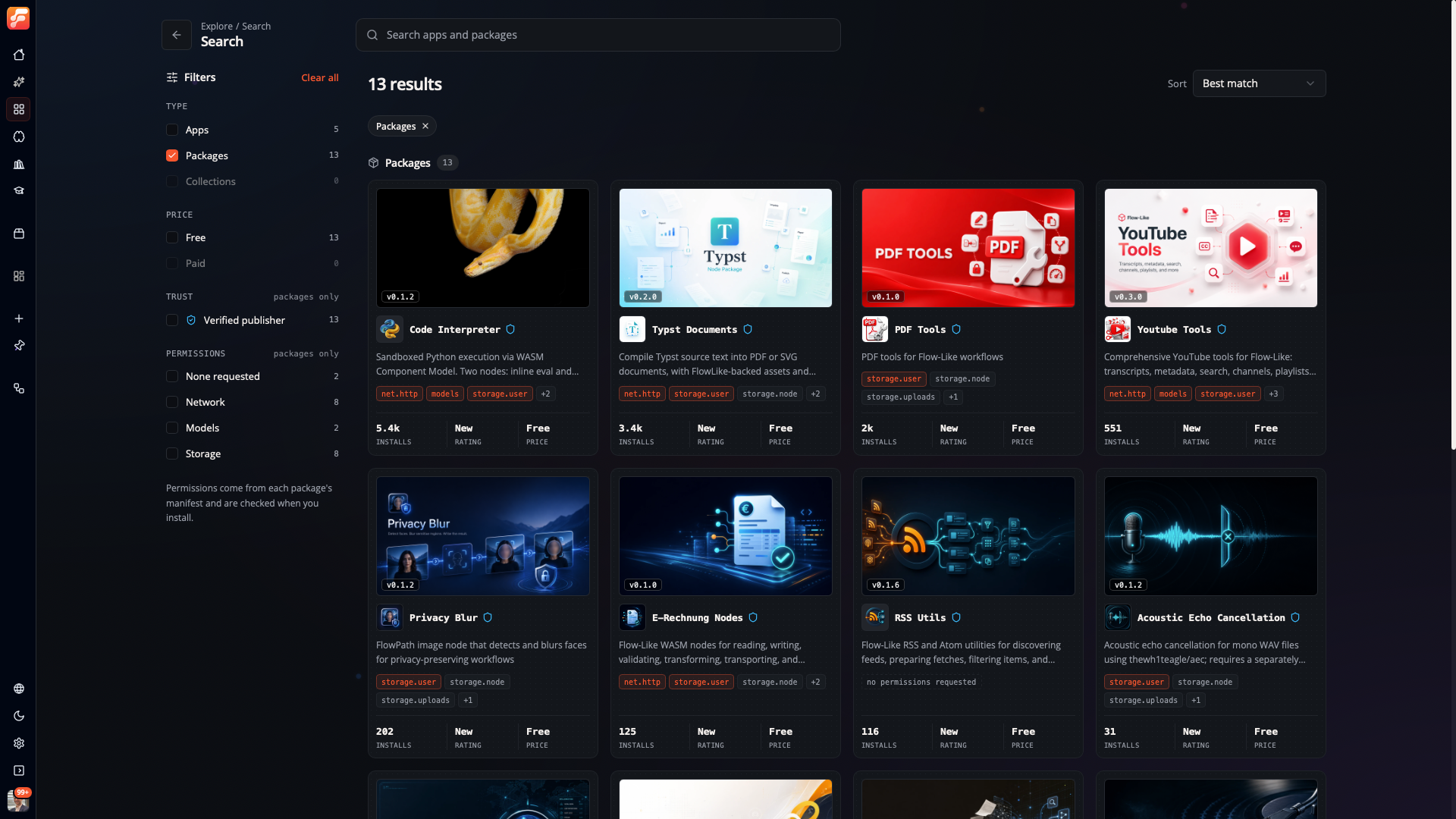 Flow-Like's package browser showing Code Interpreter, Typst Documents, PDF Tools, YouTube Tools, and other extensions with versions and requested permissions.