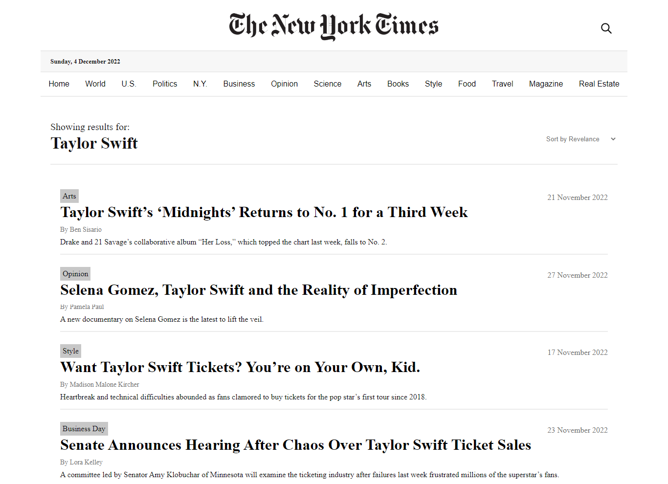 New York Times clone search results preview