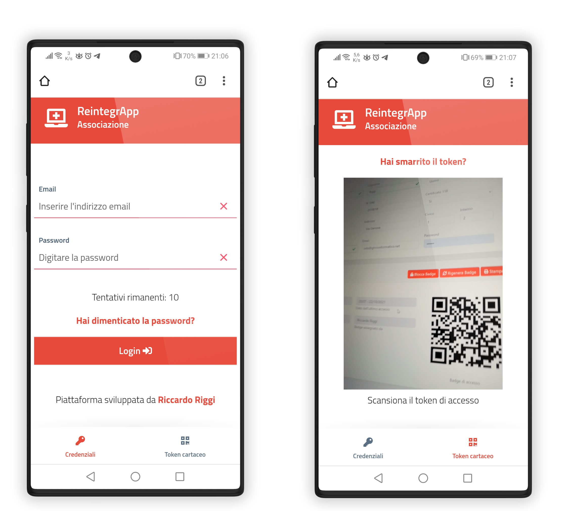Schermata con login via codice qr e login via email e password sull'applicazione web mobile