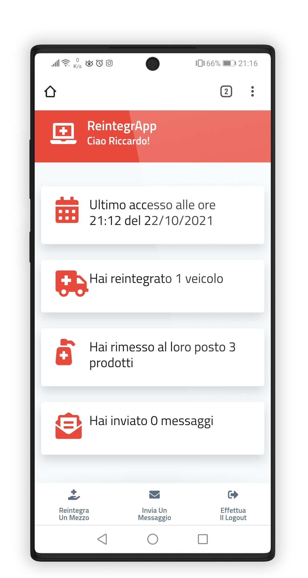 Schermata home dell'applicazione web mobile