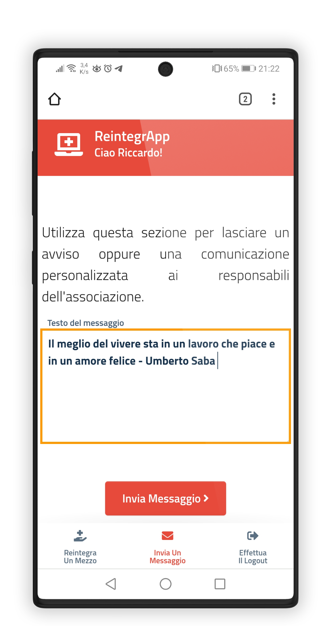 Schermata per l'invio del messaggio