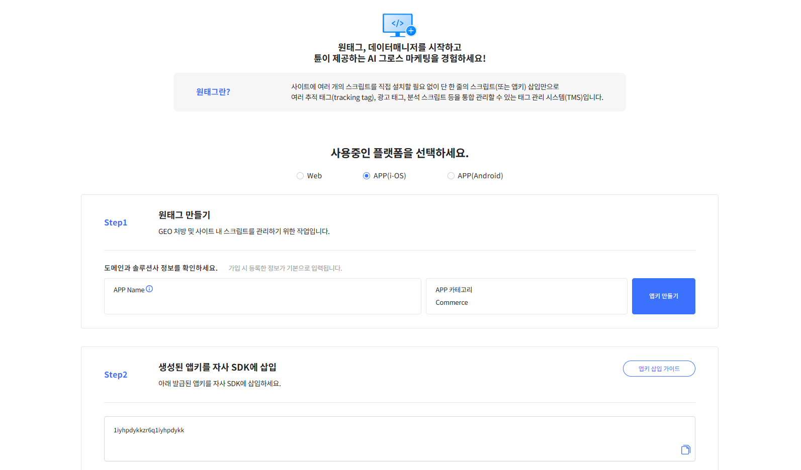 원태그 Appkey 발급 화면