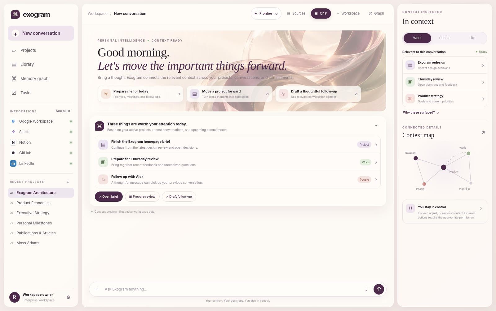Exogram Plum Mineral AI Workspace & Personal Neural Network Preview
