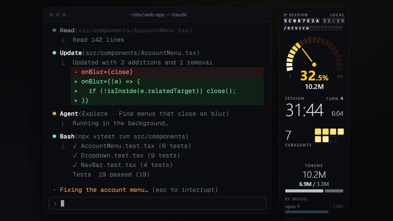 A Claude Code session in the terminal with the aihud strip beside it: session header, context gauge, session and turn time, subagents and tokens update live while the agent works