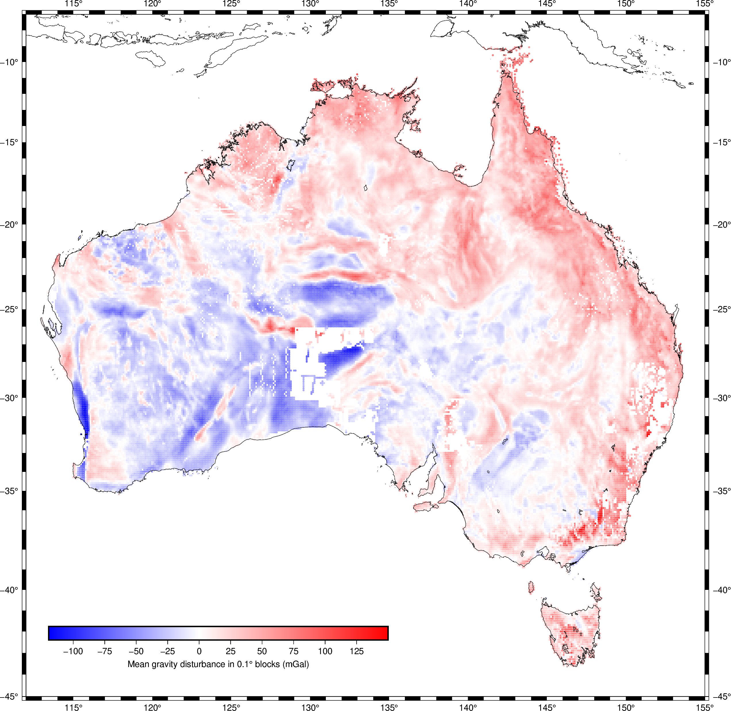 Map of the gravity disturbance of Australia from the compiled dataset