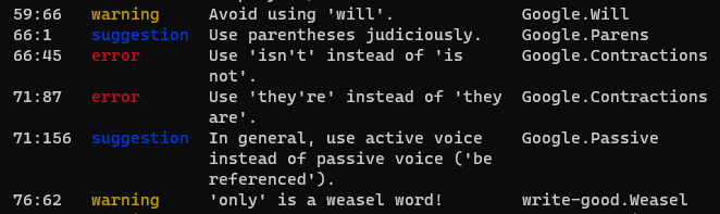 A screenshot from Windows Terminal, showing a possible output of running Vale on a file.