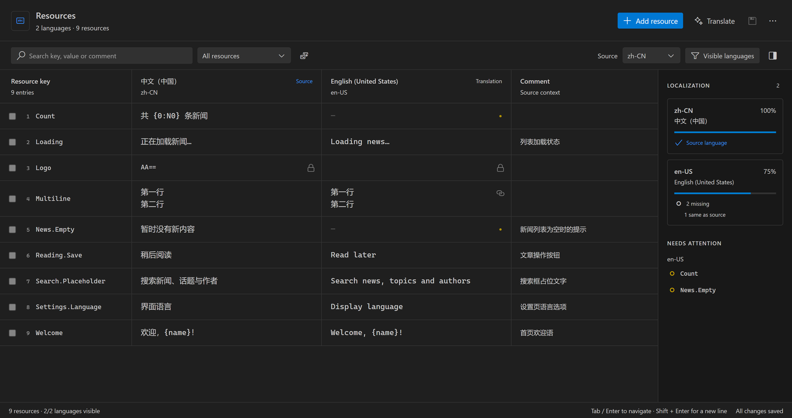 Resource editor in a dark theme