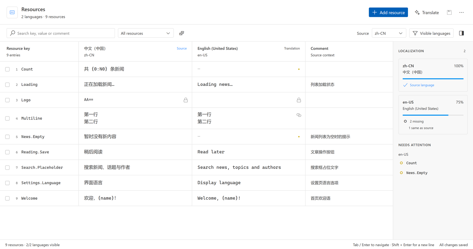 Resource editor in a light theme