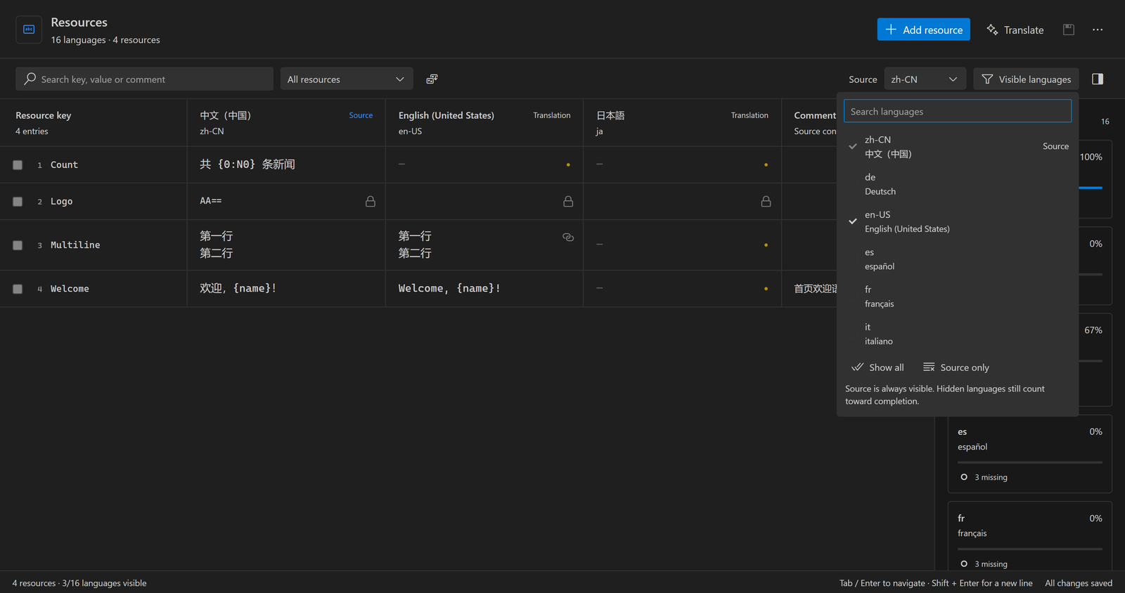 Searchable language visibility picker
