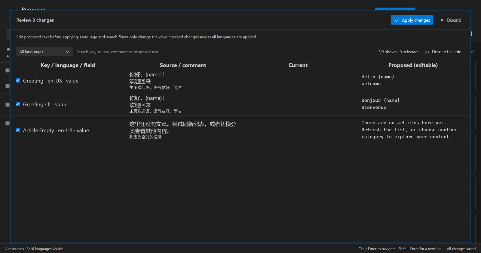 Editable translation review with source context