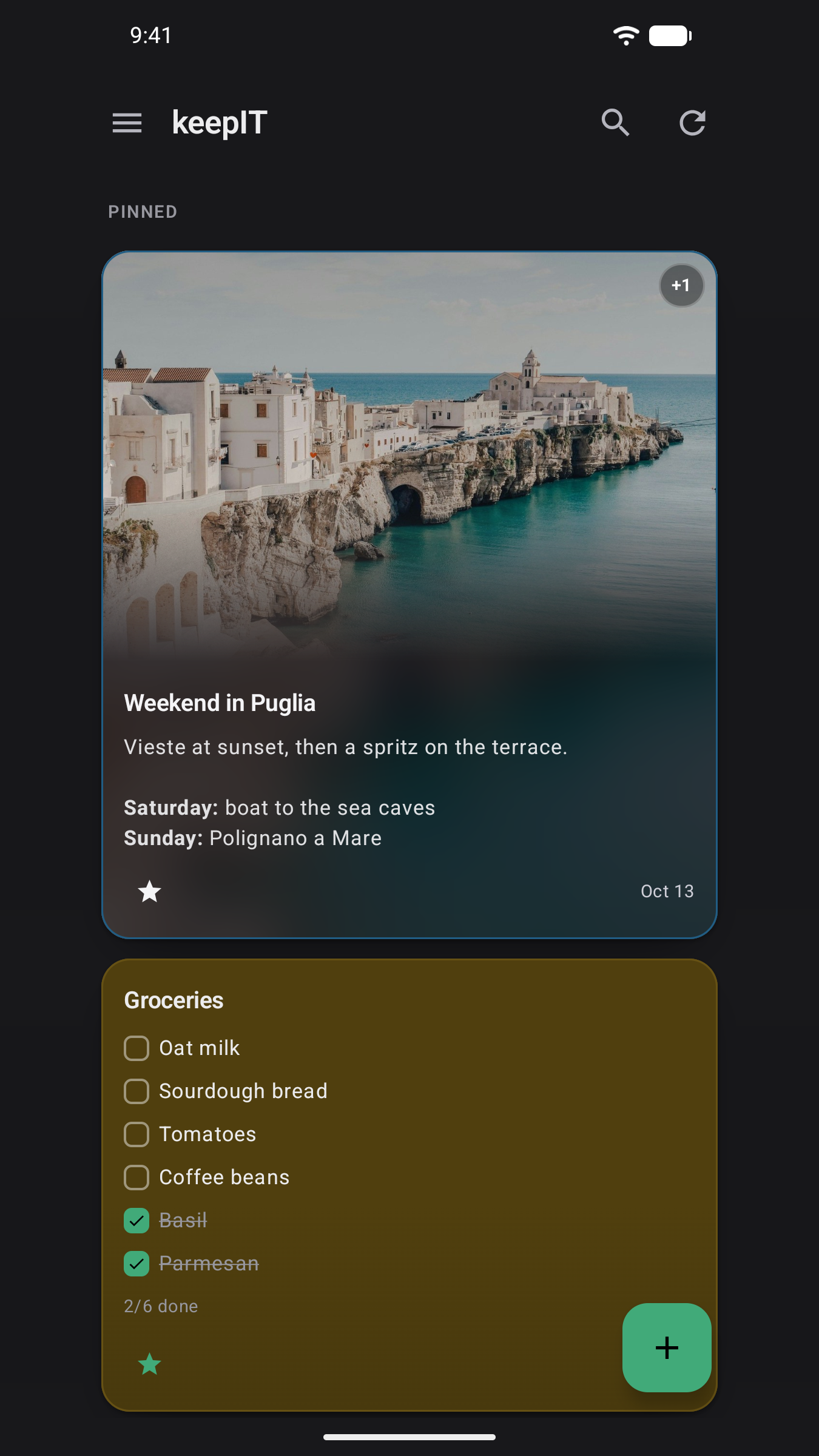 keepIT Android app in the dim theme: a photo note and a shopping list