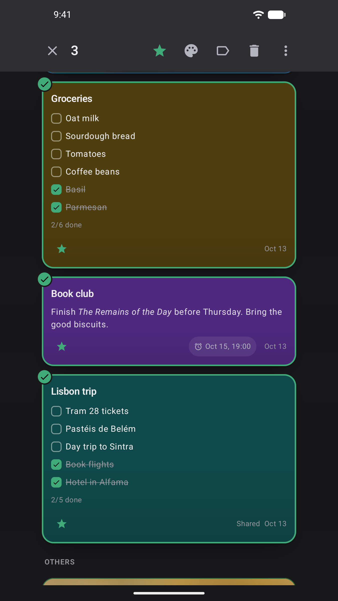 Android: three notes selected at once, with the actions for all of them in the top bar
