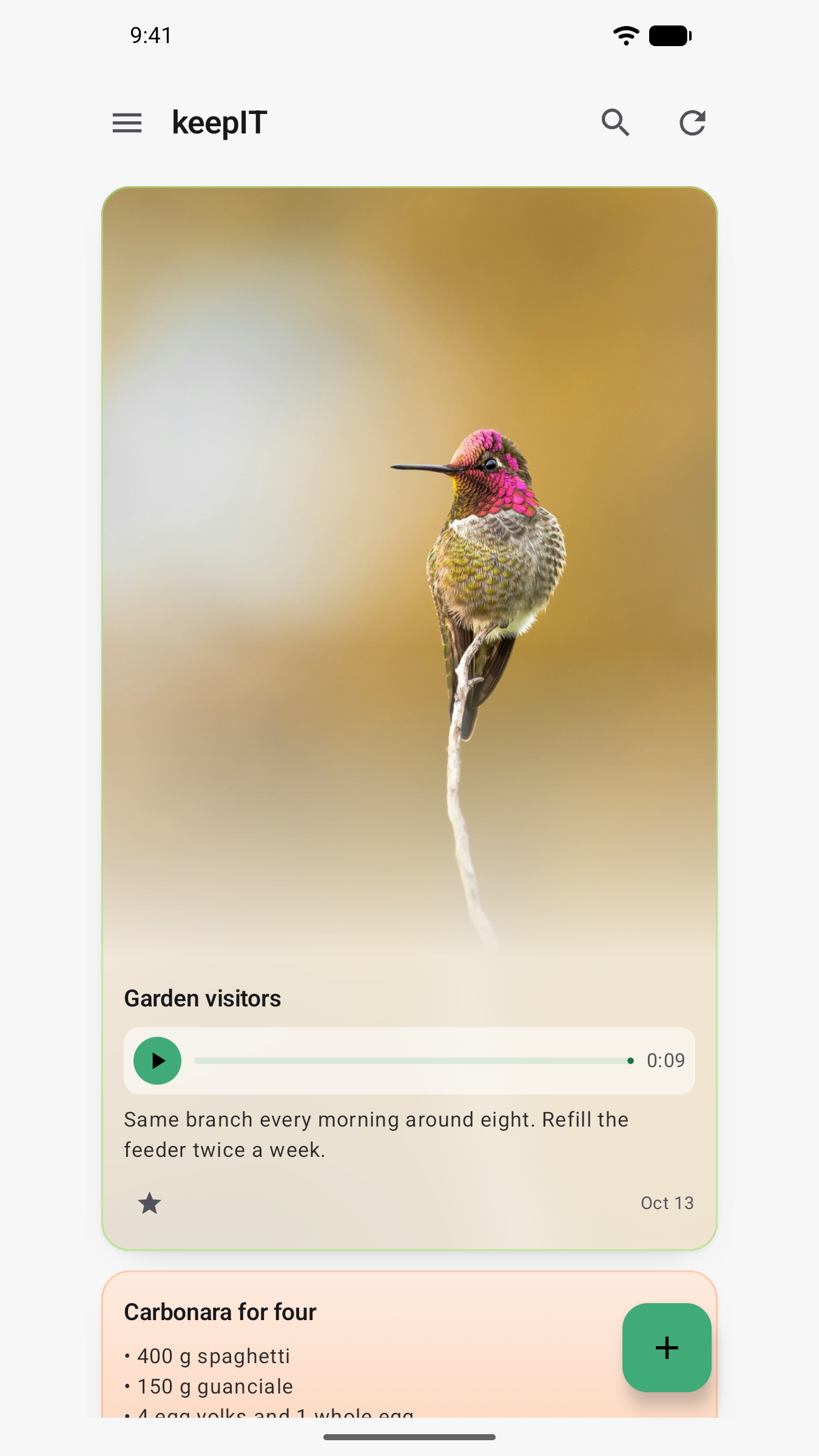 Android, light theme: a photo note with a voice recording, and a recipe