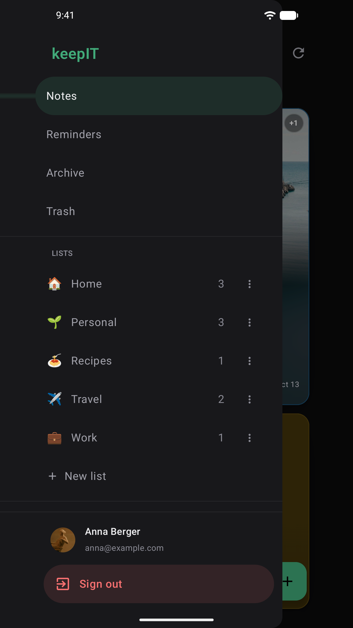 Android, dark theme: the menu with lists and the signed-in account