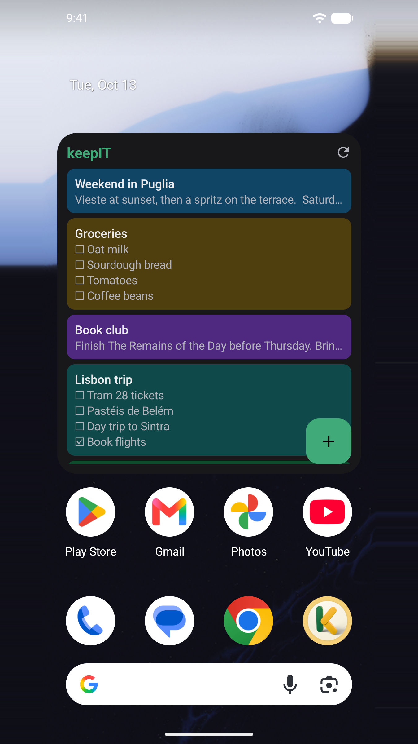 The keepIT home-screen widget with recent notes and a new-note button