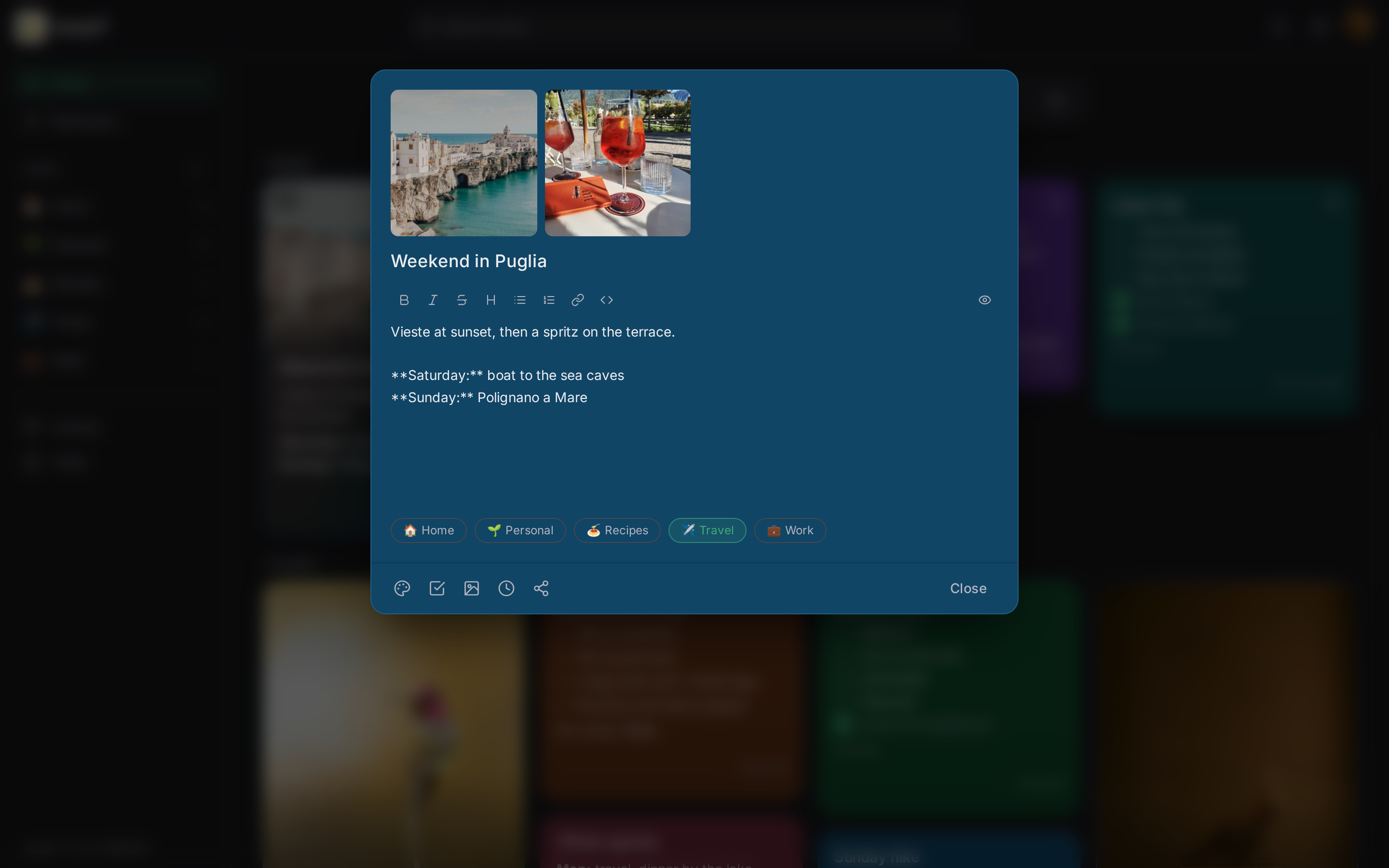 Editing a note with photos in the web app, dim theme