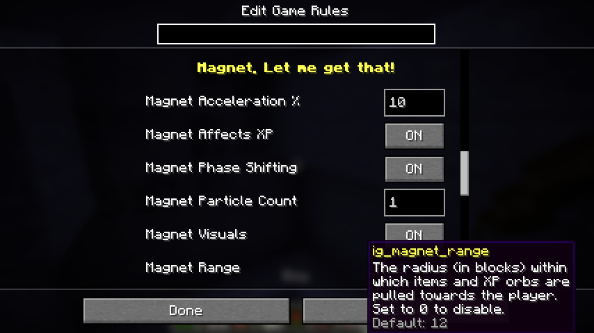 Minecraft Game Rules screen showing the Magnet, Let me get that! category