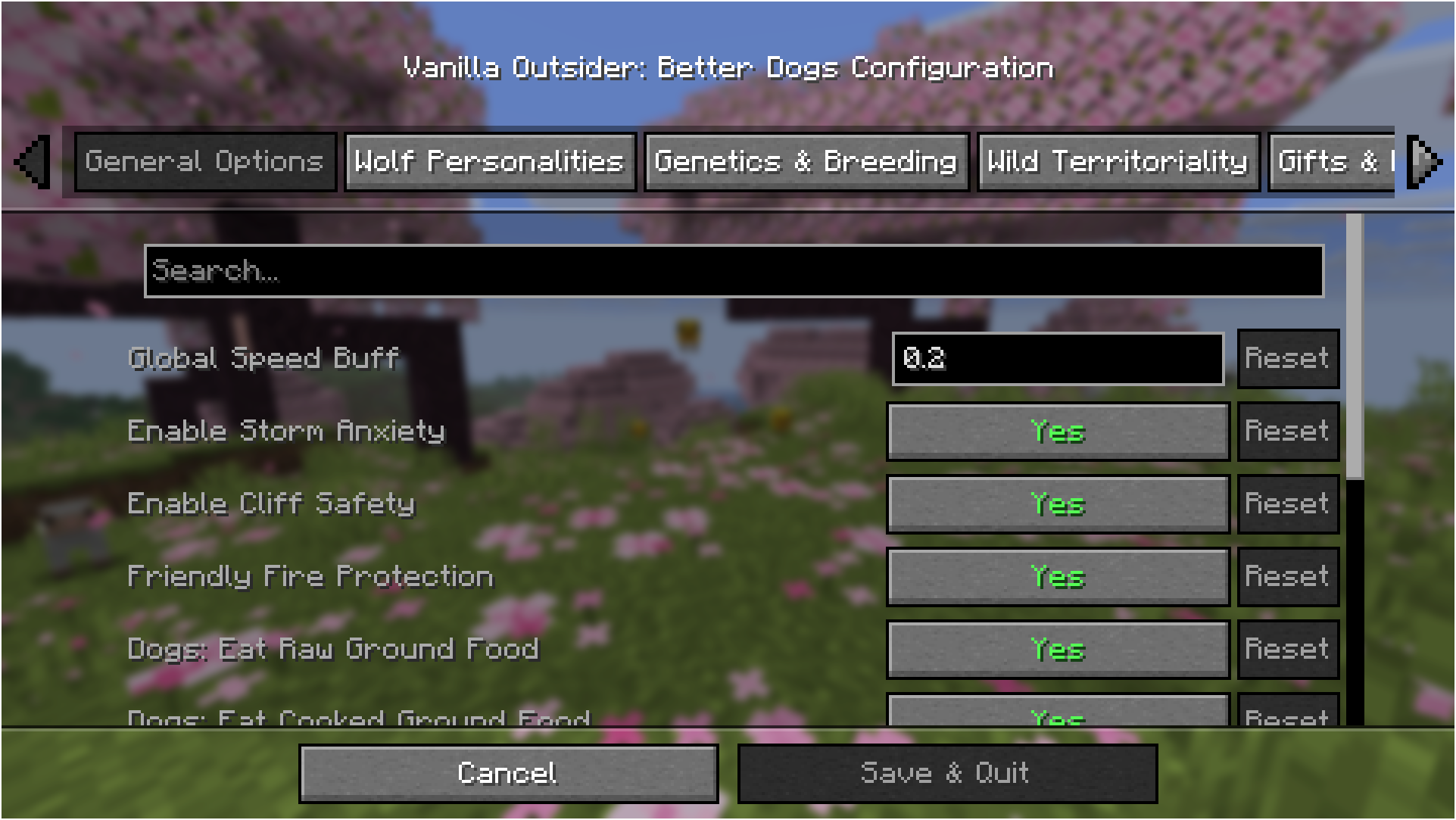 Cloth Config settings screen