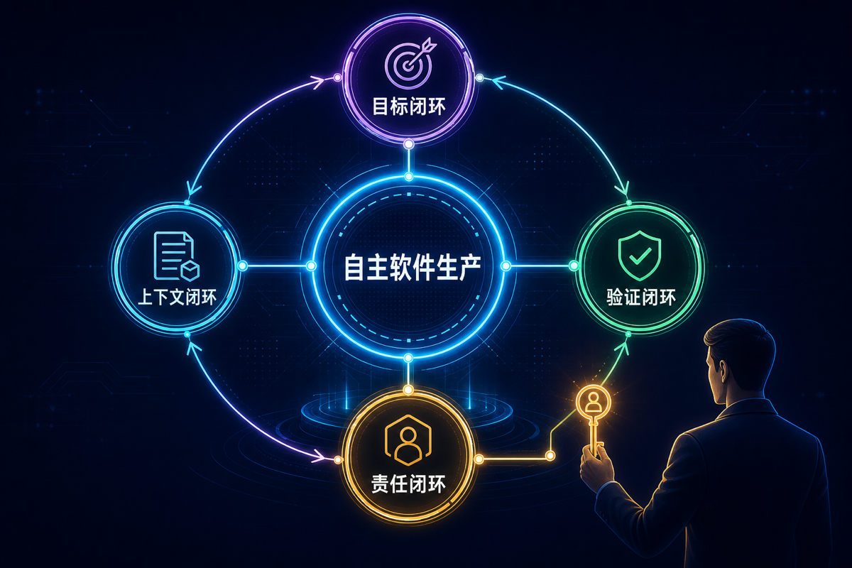 自主软件生产所需的目标、上下文、验证与责任闭环 https://raw.githubusercontent.com/RifeWang/images/refs/heads/master/ai/ai-four-production-loops-v2.png