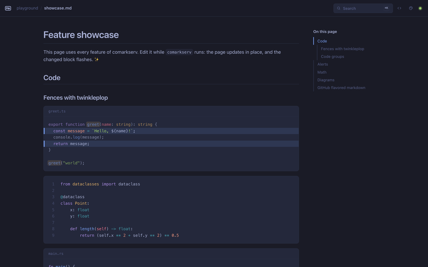 comarkserv shows a markdown page with highlighted code and a table of contents, in the Tokyo Night theme