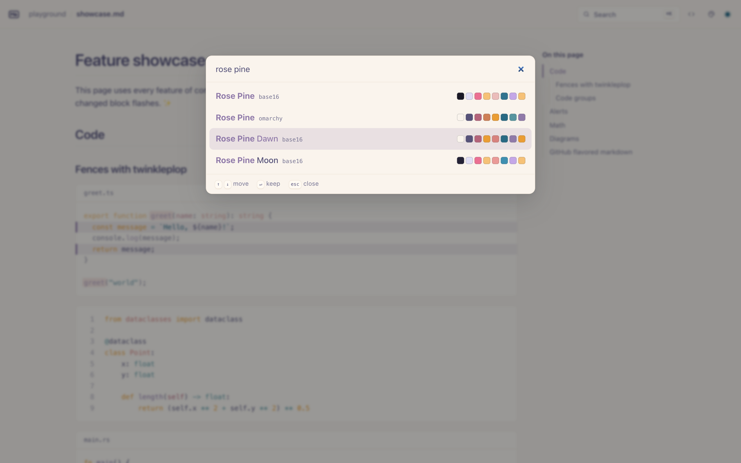 The theme picker shows Rose Pine themes with color swatches, and the page shows a live preview of Rose Pine Dawn