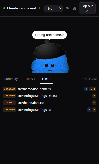 The Files tab listing changed, new and read files
