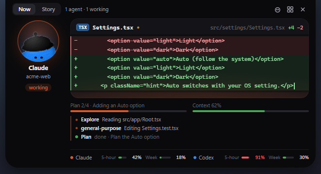 The notch, open on the Now tab: Claude's pal on the left, a live diff of Settings.tsx typing in, its plan at step 2 of 4, its context window, three helpers, and usage bars for Claude and Codex