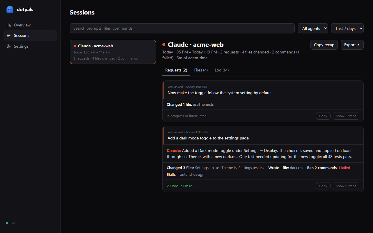 The dashboard's Sessions page: a session list, and one session's requests with the agent's summary, changed files, commands and skills